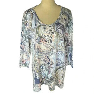 Chico’s Floral Paisley Cotton Blend 3/4 Sleeves Scoop Neck Top Women Size 2 (L)